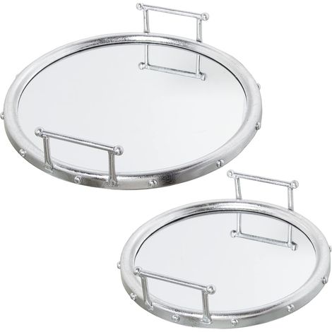 Set de 2 Plateaux Ronds en métal et Miroir en Argent 47 x 9 cm et 40 x 9 cm, INT.41 et 33 cm (1/2)