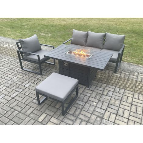 Fimous Aluminium Outdoor Garden Furniture Set Gas Fire Pit Dining Table Set Gas Heater Burner with Big Footstool Dark Grey 5 Seater (1/4)