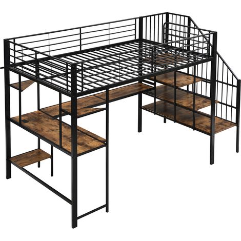 Cama alta de metal y MDF 120 x 200 cm con escritorio, toma de carga y escalera (1/5)