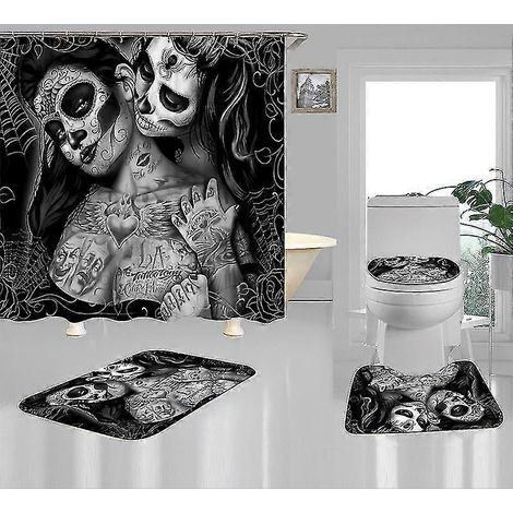 Kit de rideau de douche imperméable et anti-moisissure pour salle de bain, motif crâne gothique, avec 12 anneaux, 180 x 200 cm (4 pièces). (1/5)