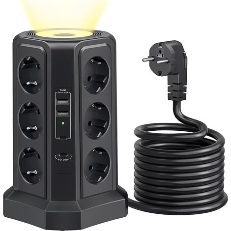 Tour Multiprise Parasurtenseur Parafoudre 12 Prises avec  USB  Ports - Cordon de 2m - Noir (1/5)