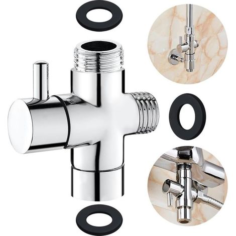 3-way valve, shower head components made of solid brass (G1/2), shower diverter adapter, spare part for shower systems, shower diverter valve, universal connections, polished chrome (1/5)