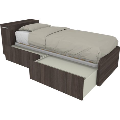 Letto singolo salvaspazio con cassetti e testata contenitiva - Olmo jerez scuro