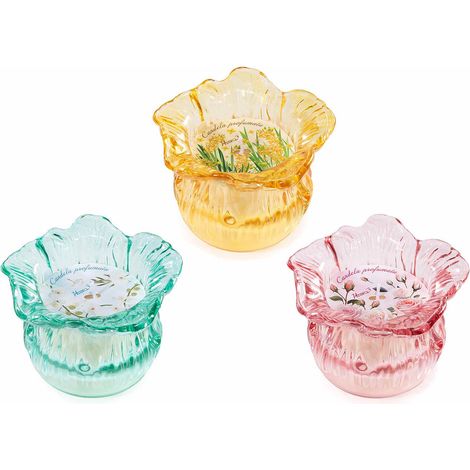 Candele profumate in vasetto di vetro a forma di fiore colorato, set da 3 pezzi, Ø 10 cm x 7,5 H