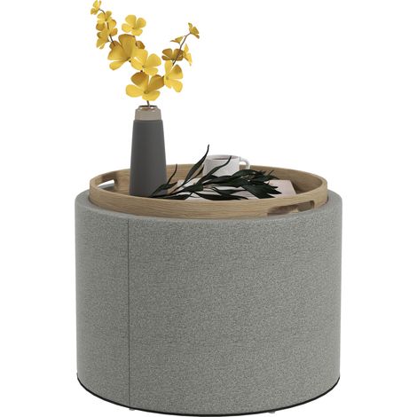 Pouf Ottoman Lin Gris Naturel Rangement Caché Couvercle Réversible 56x56x42 cm