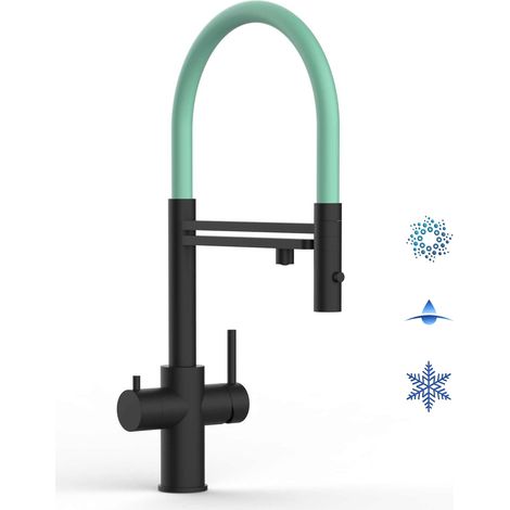 Robinet Cuisine Mitigeur 5 Voies en ACIER INOXYDABLE Massif, avec bec pivotant 360° et douchette 2-jets détachable, PVD Noir Mat / Turquoise (1/5)