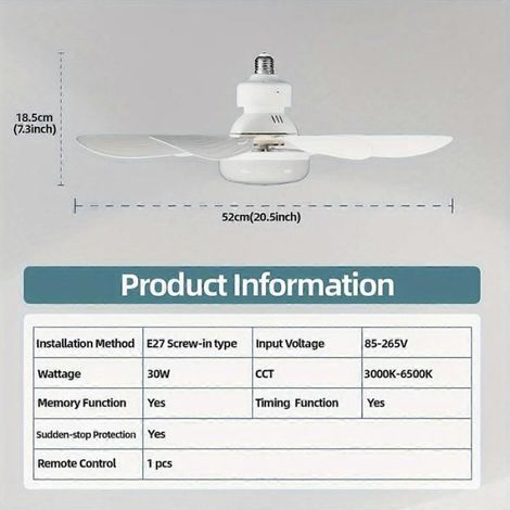 ventilateur à douille, ventilateur de plafond à vis avec lumières et télécommande, ampoule E26/E27 facile à installer, base de r (1/4)