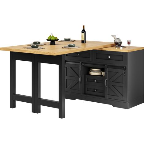 Îlot de cuisine avec table à manger extensible 120 à 197 cm, meuble 2-en-1 rotatif à 360°, placard latéral à porte coulissante et tiroirs cachés, noir, CHICFURN (1/5)