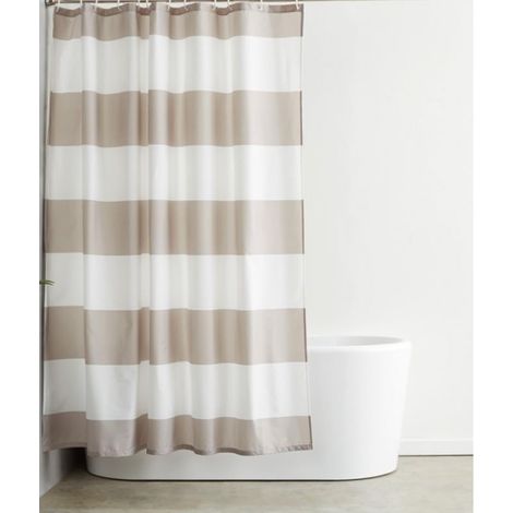 Rideau de Douche en Tissu résistant à l'eau et à la moisissure avec œillets et Crochets, Lavable en Machine, 180 x 180 cm, Rayures Beiges (1/5)