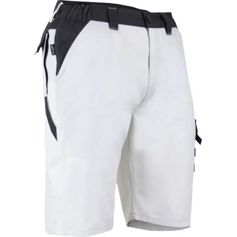 – Bermuda de travail multipoches zéro métal taille 52 bicolore blanc/ gris – Confort ceinture élastiquée – Idéal pour environnements sensibles