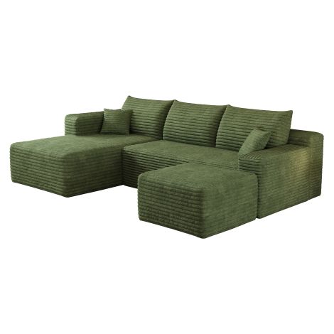 Canapé d’angle 2 places effet nuage 241x151x58 cm, méridienne à gauche avec pouf, velours côtelé - Vert (1/5)