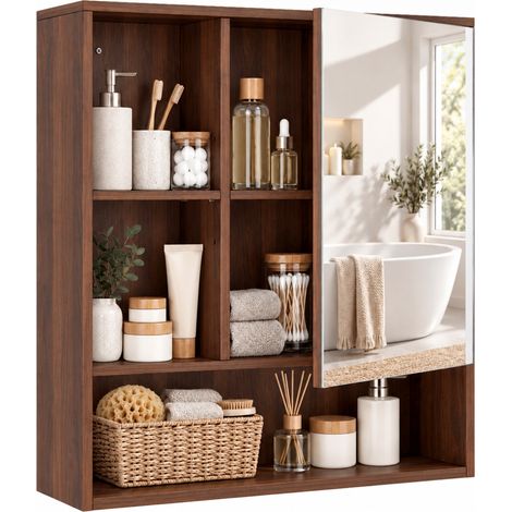 HOMCOM Bathroom Mirror Cabinet, Adjustable Shelves, Walnut Brown (1/5)