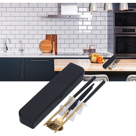 Ensemble de couverts portables en acier inoxydable, comprenant une cuillère, une fourchette et des baguettes, pour étudiants. Ensemble de trois pièces, noir et or. (1/5)