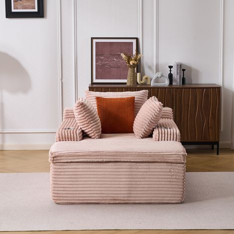 Canapé corduroy – montage facile, 3 coussins + porte-gobelets, coussin 2en1 couverture,rose