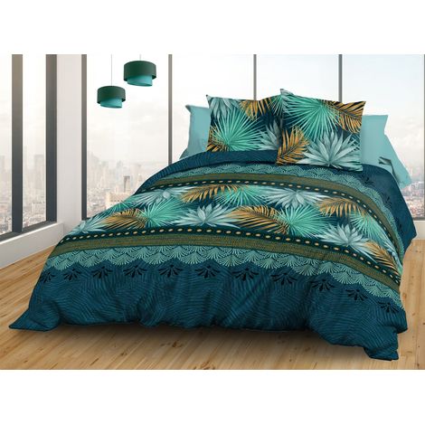 Housse de Couette 240x260 + 2 taies - Pur Coton 57 Fils - Paraiso, Bleu, Vert, Safran (1/4)