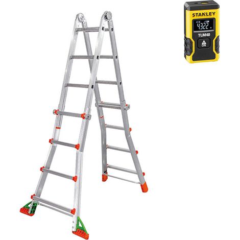 Echelle télescopique de 4.00m de long - 4 x 4 barreaux -  Kit mètre laser - BKPL/2-LASER