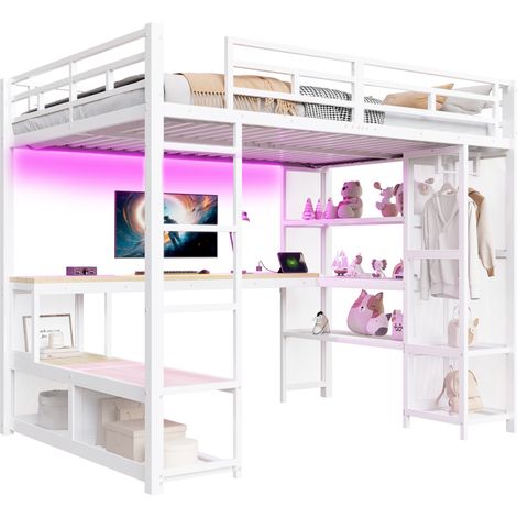 Lit mezzanine 140x200 cm en métal et MDF avec bureau intégré, étagères, armoire ouverte, LED, USB et sécurité renforcée, blanc, gain de place pour chambre ado - CHICFURN (1/5)