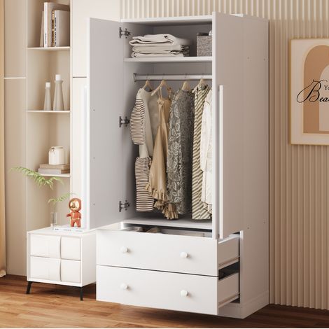 Armadio 70x40x170 cm bianco in legno con 2 ante, 2 cassetti e vano contenitore (1/5)
