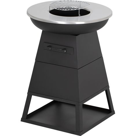 BALI OUTDOORS Braséro Plancha 3 en 1 Ø58,5 cm, barbecue extérieur au bois et charbon, plancha inox, grille barbecue, bac à cendres amovible, noir