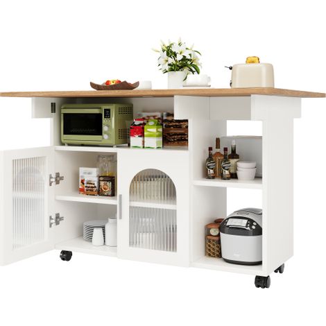 Îlot de cuisine avec plan de travail extensible rabattable — Doté de 6 roulettes verrouillables à la base  comprend des étagères, des rangements intégrés aux portes, 2 grands tiroirs et un placard de 