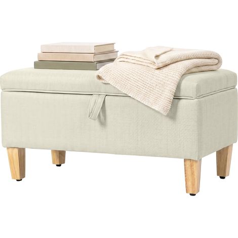 Banc rangement bout lit repose-pieds lin pieds bois caoutchouc 71x37x36 cm beige (1/5)