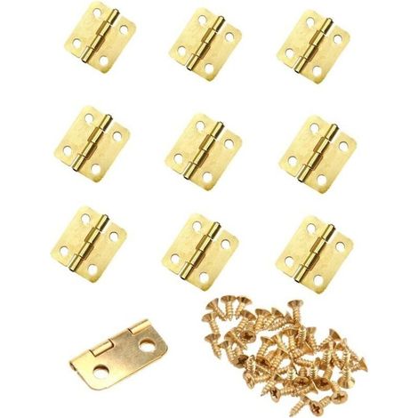 Set mit 10 Mini-Scharnieren aus goldfarbenem Metall (18 x 16 mm) als Ersatz für Schubladen – kleine Scharniere mit kleinen Schrauben für Puppenhäuser, Bastelprojekte und Schmuckkästchen aus Holz. (1/4)