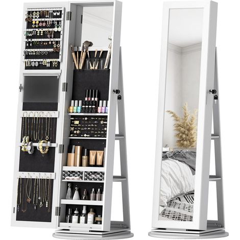 Optimiser le Rangement des Bijoux Armoire à Bijoux avec Miroir Psyché Base Tournante 360° et Porte avec Clé Blanc (1/5)