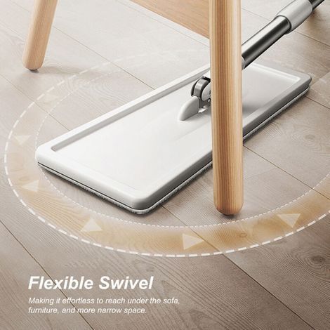 Wischmopp-Eimer mit Auswringer, flacher Mikrofaser-Mopp mit Edelstahlgriff, um 360° drehbarer Flachmopp mit 3 wiederverwendbaren Moppbezügen, Mopp zur Reinigung aller Bodenarten (1/4)