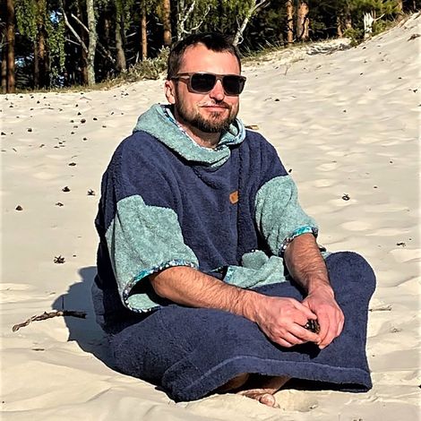 Poncho de surf bleu foncé - coton, taille M femme, longueur 105 cm (1/5)