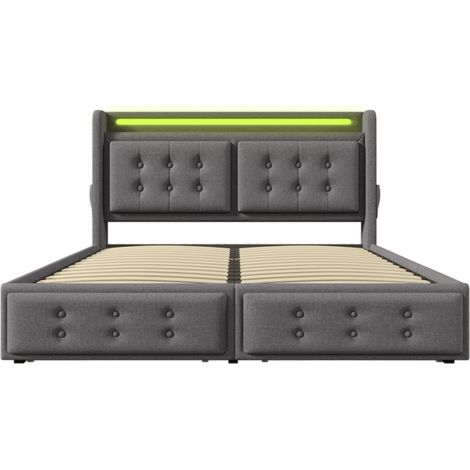 Letto matrimoniale 180 x 200 cm grigio con testiera LED, porte USB-C e 4 cassetti (1/5)