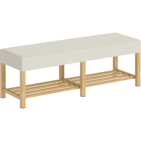 Banc de rangement 140 cm en bois massif avec coussin crème pour deux personnes (1/5)