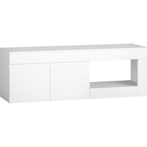 Meuble TV bas moderne pour salon, avec 2 portes, compartiment ouvert et poignées, pour téléviseurs jusqu'à 60 pouces, 140 x 40 x 48 cm, blanc (1/5)