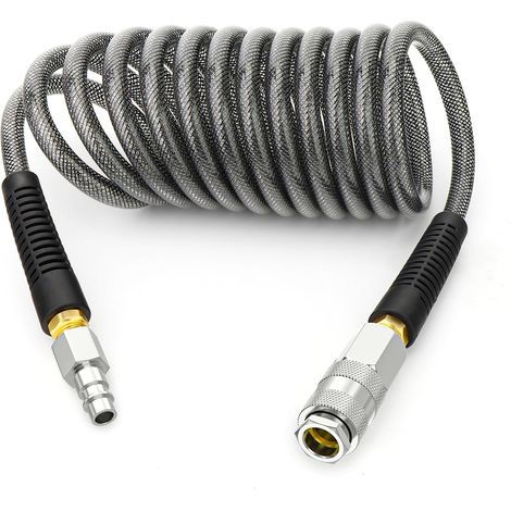 Tuyau à air comprimé en polyuréthane renforcé 1/4" x 3M noir avec restriction de courbure, raccord rapide industriel 1/4" et bouchon (1/5)