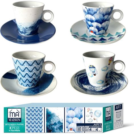 MAURY'S SET DI 4 TAZZE PER THE LINEA ART CON PIATTINO BIANCHE E BLU 80 CC