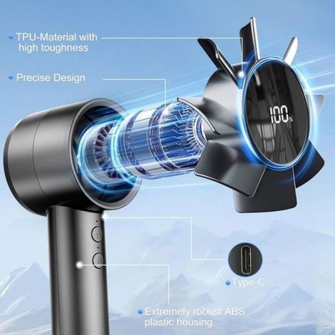 Ventilateur poche 5 vitesses, port USB, affichage LED vitesse/puissance, rechargeable, compact, pratique, extérieur. (1/5)