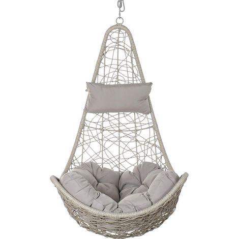 Fauteuil de jardin suspendu en rotin synthétique avec coussin gris clair - Largeur 82 x Hauteur 125 x Profondeur 75 cm -PEGANE- (1/3)