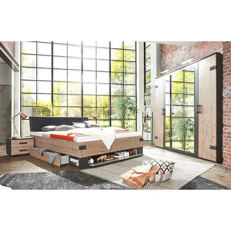Chambre à coucher complète adulte (lit 160x200cm + 2 chevets + armoire) coloris imitation chêne/gris foncé -PEGANE- (1/2)