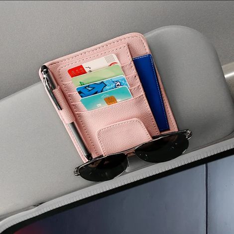 (rose) Pare-soleil de voiture, porte-cartes de visite, porte-stylo, porte-CD/DVD, boîte de rangement, clip pour lunettes de soleil, accessoires de voiture (1/5)