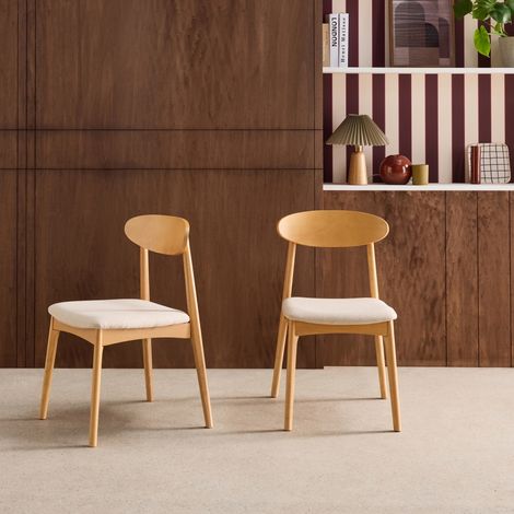 Lot de 2 chaises vintage bois d'hévéa naturel et tissu beige - Aria (1/5)