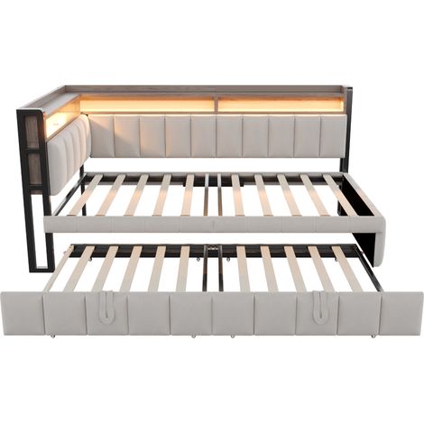 Divano letto 90 x 200 cm in velluto grigio chiaro con letto estraibile, LED e USB-C (1/5)