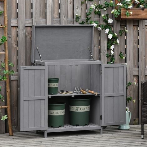 REDOM Armoire de jardin, double porte, 2 étagères, en bois de sapin laqué, imperméable, grise (1/5)
