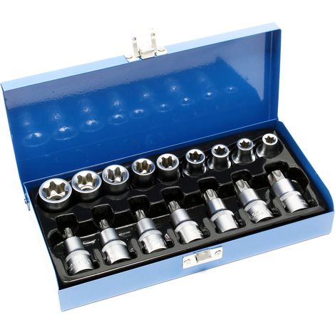 Wiltec Stecknuss Set 16-teilig mit 1/2" Antriebsprofil aus CV-Stahl in einer Metallbox Außensechsrund Stecknüsse Nusssatz (1/3)
