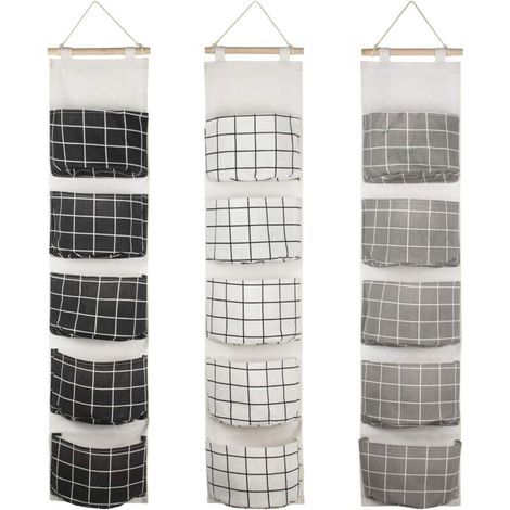 Lot de 3 sacs de rangement suspendus avec 5 poches, pochette de rangement murale en tissu (1/4)