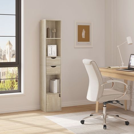 WOLTU Bücherregal mit Schubladen Regal Bücherschrank Standregal Aufbewahrungsregal mit Tür Büroregal für Wohnzimmer Schalfzimmer 30x157.5x24cm, Hell Eiche