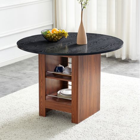 Table ronde 100 cm walnut et noir en MDF avec rangements ouverts et style moderne (1/5)