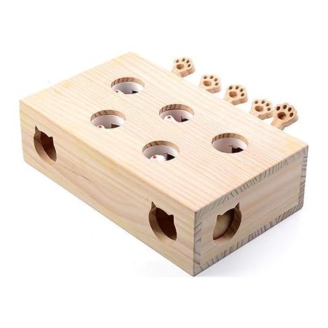 Interactive Cat Toy, Wood, Toy, Taupe Mouse, Puzzle Box with Cute Cartoon Toys for Cat, Hunting, Game, Exercise, Scratching – 5 Holes, A (1/5)