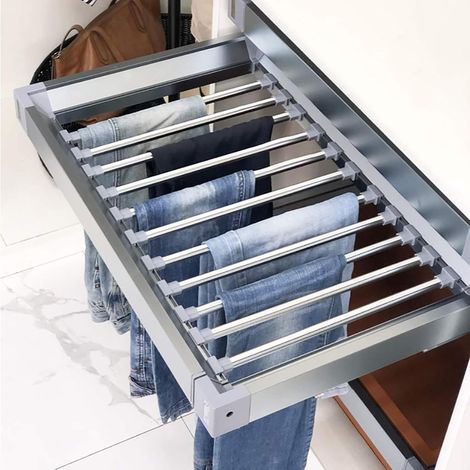 Tiroir extensible pour pantalons - Porte-pantalons coulissant pour armoire, étendoir à linge au-dessus de la machine à laver, étendoir à vêtements multifonctionnel caché, gain de place(Silver,4560cm) (1/5)