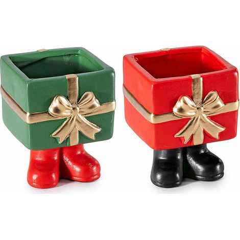 Vasi di Natale in terracotta colorata a pacchetto regalo con piedini, con fiocco dorato, set da 4 pezzi, cm 7,5 x 8 x 9,5 H