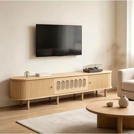 Mueble TV 180x40x40 cm en MDF natural, 5 almacenajes cerrados para salón pequeño – MEUBLIV (1/5)