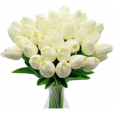 Künstliche Tulpenblumen, 10 Stück Real Touch Latexblumen Tulpen mit Blättern, elegante Dekoration für Hochzeitsbankett, Hausküche (weiß) FLITI (1/4)